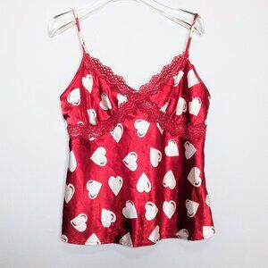 Vintage Y2K Red Satin Heart Print Cami Lace Trim Spaghetti Straps V-Neck Size M